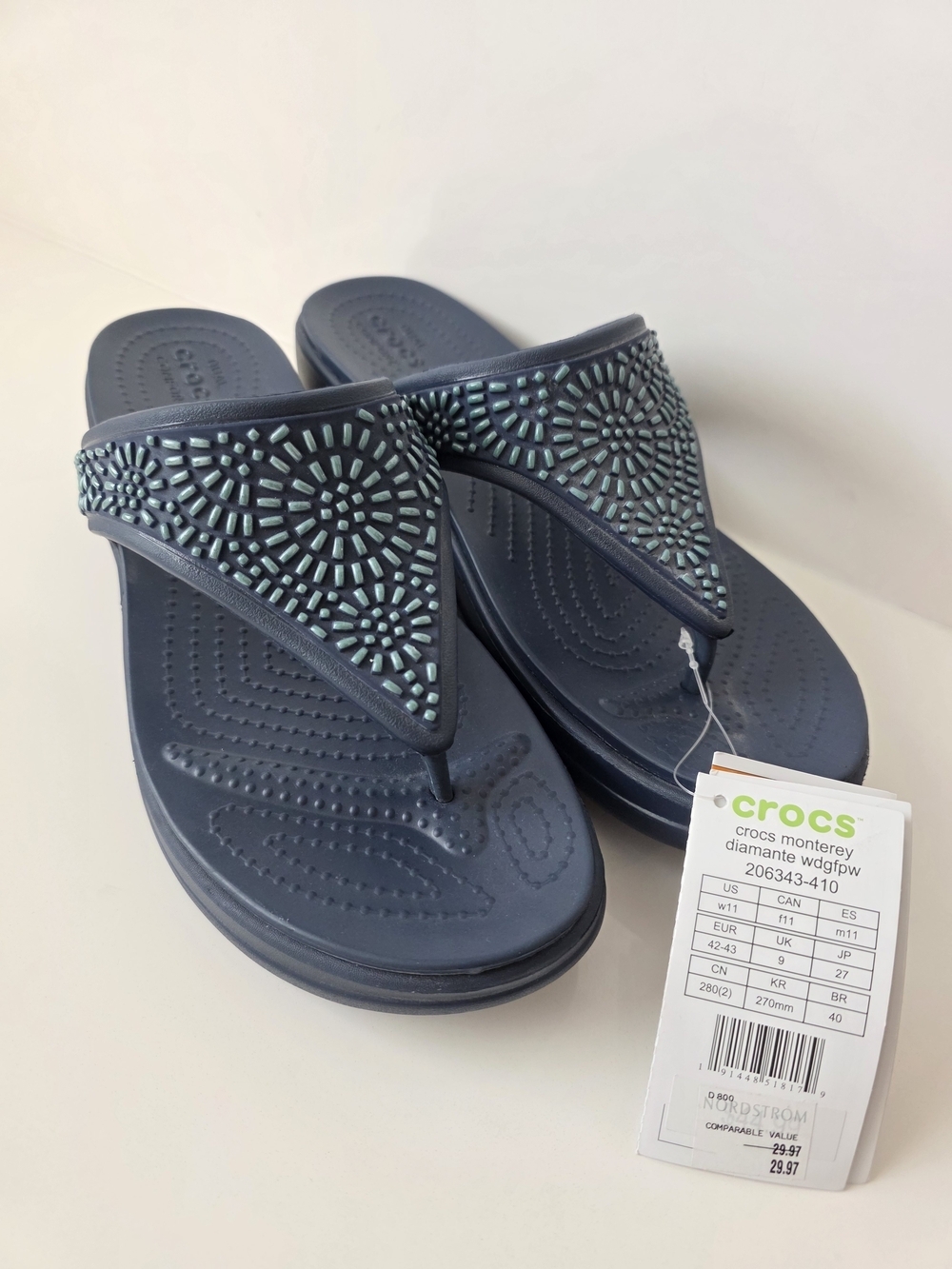 Crocs Monterey Diamante Wedge Flip Flop Sandals Navy Blue Size 11 NWT